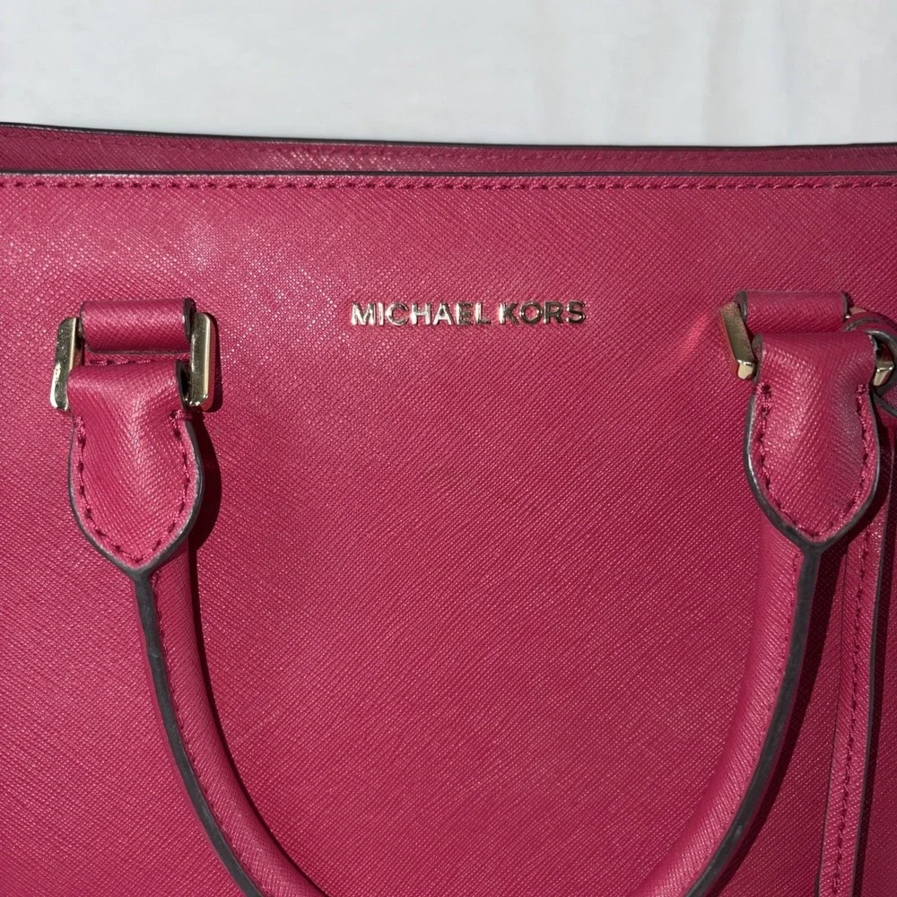 Michael Kors Sutton Saffiano Leather Medium Satchel Handbag Fuchsia Classic Chic